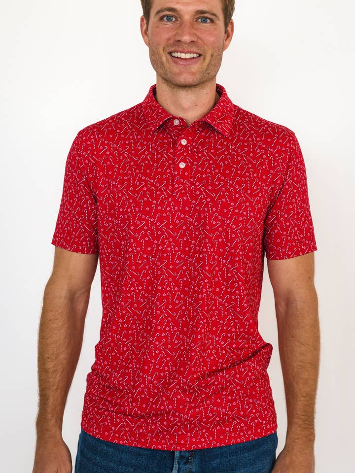 Rouge Polo à manches courtes en maille avec petits motifs de cannes à sucre pour hommes en vente sur Faire