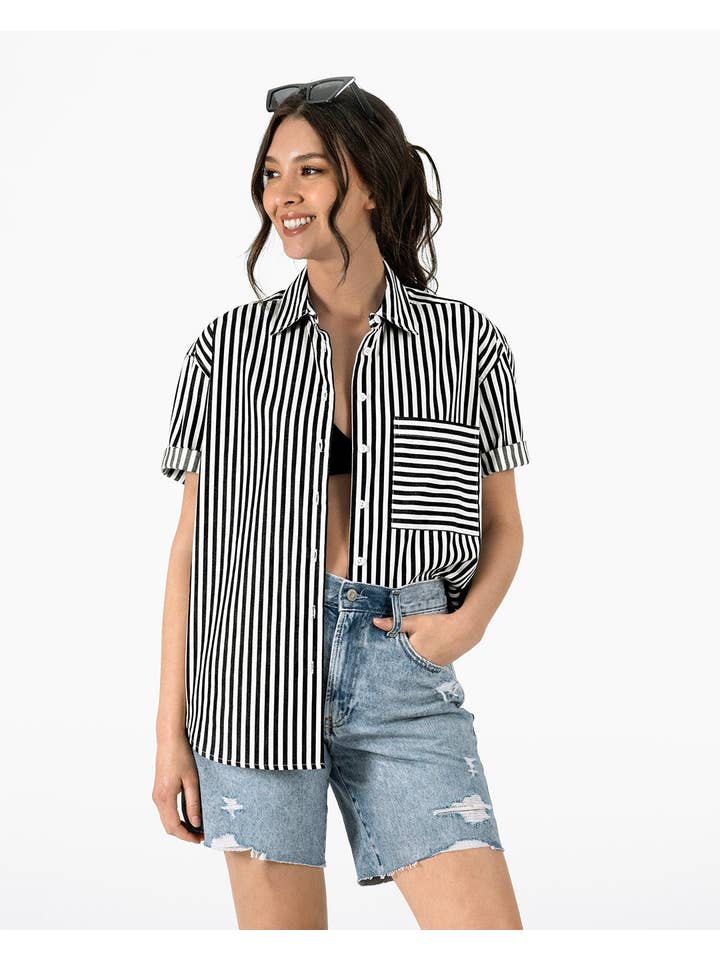 Lacson Ravello - Wholesale Button Down Shirt - Women's - Bernadette Camp Shirt - Black and White Stripe7