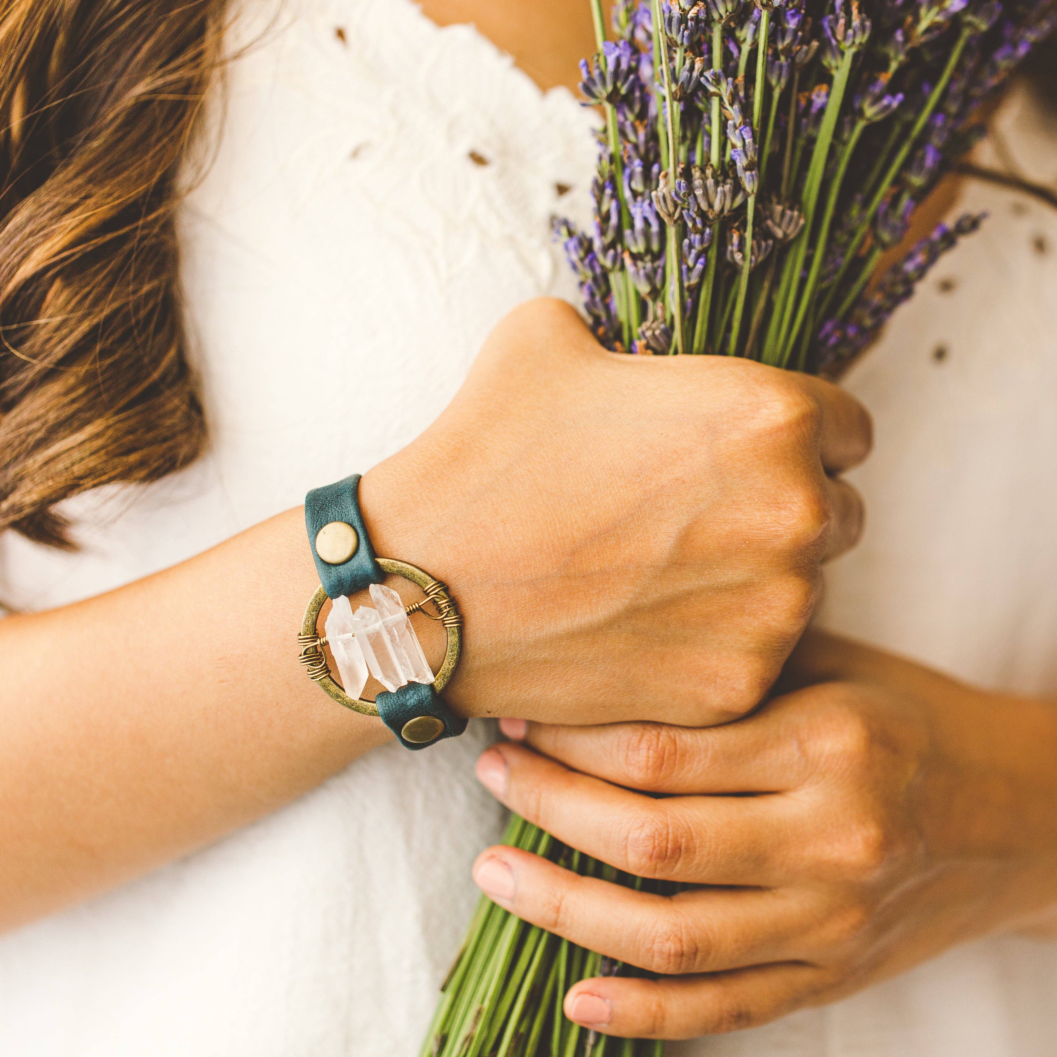 Giving Bracelets - Wholesale Bangle Bracelet - Be the Light Leather Bracelet-Antique Brass-Quartz Crystal15