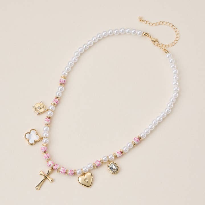 Frem - Wholesale Pendant/Charm Necklace - Faith & Love Pearl Ceramic Mixed Necklace