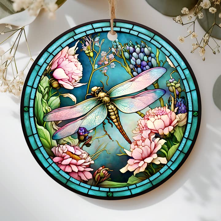 Dragonfly Ornament, Ceramic Disc Keepsake Ornament, Gift Tag for wholesale by Fernville Creations