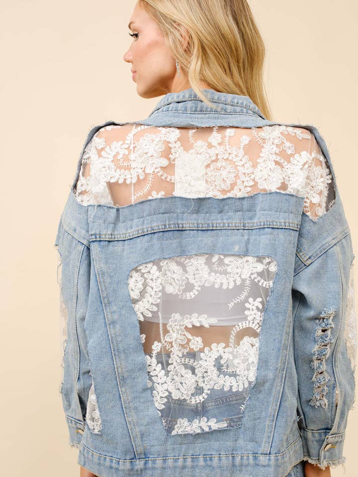 18012J - Lace Inset Raw Detail Oversized Denim Jacket for wholesale by Blue B