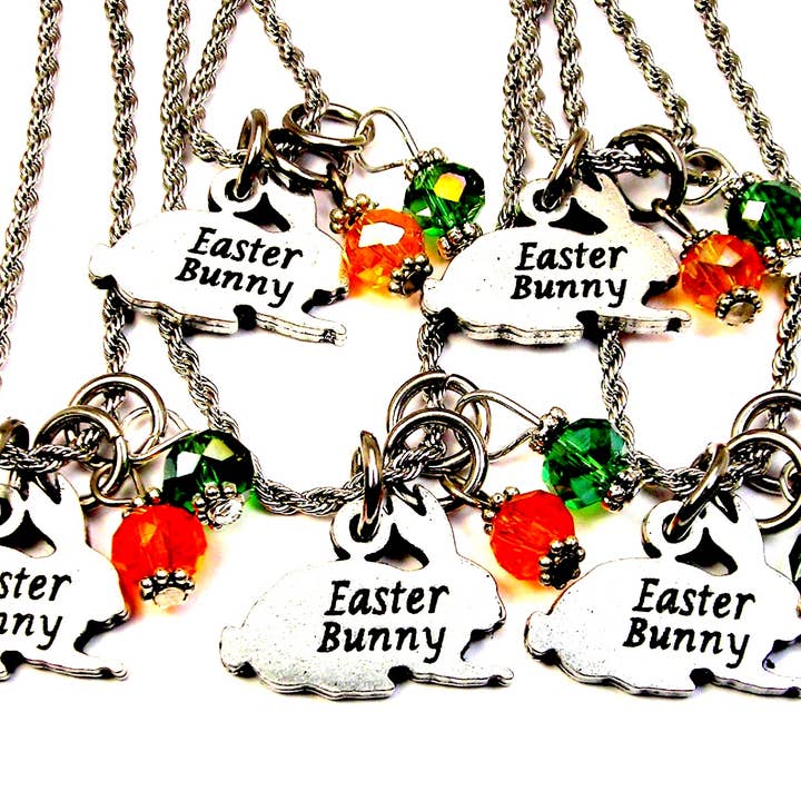 Easter Bunny orange green carrot color crystals necklaces 5 for wholesale by Chubby Chico Charms