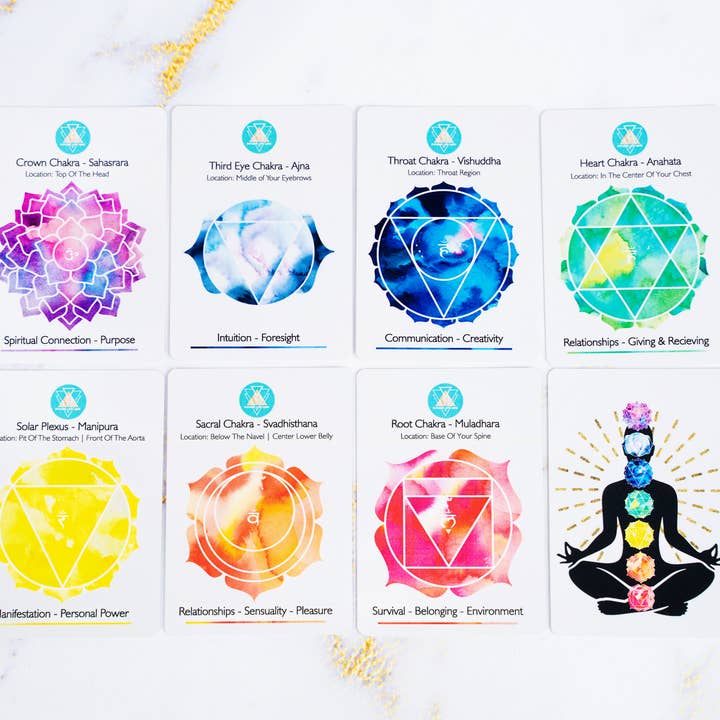 Chakra Card Set With 8 Cards and 7 Crystal Set White Box for wholesale on Faire10