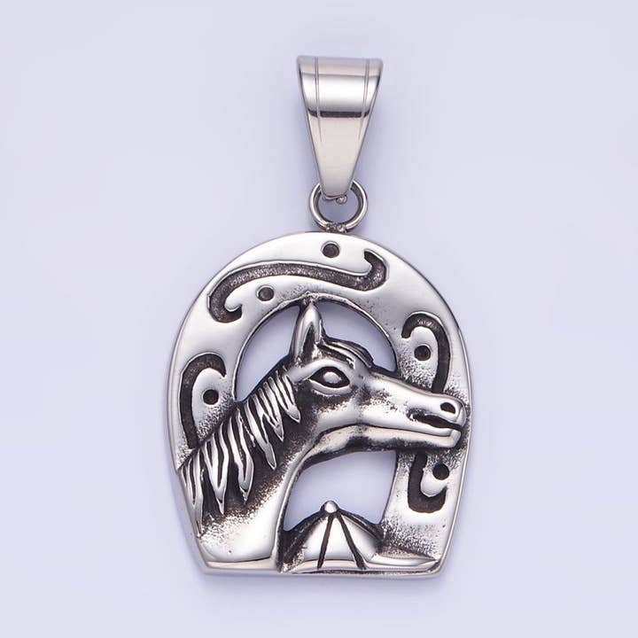 Stainless Steel Engraved Horse Shoe Oxidized Silver Pendant | P1454 for wholesale by Aim Eternal