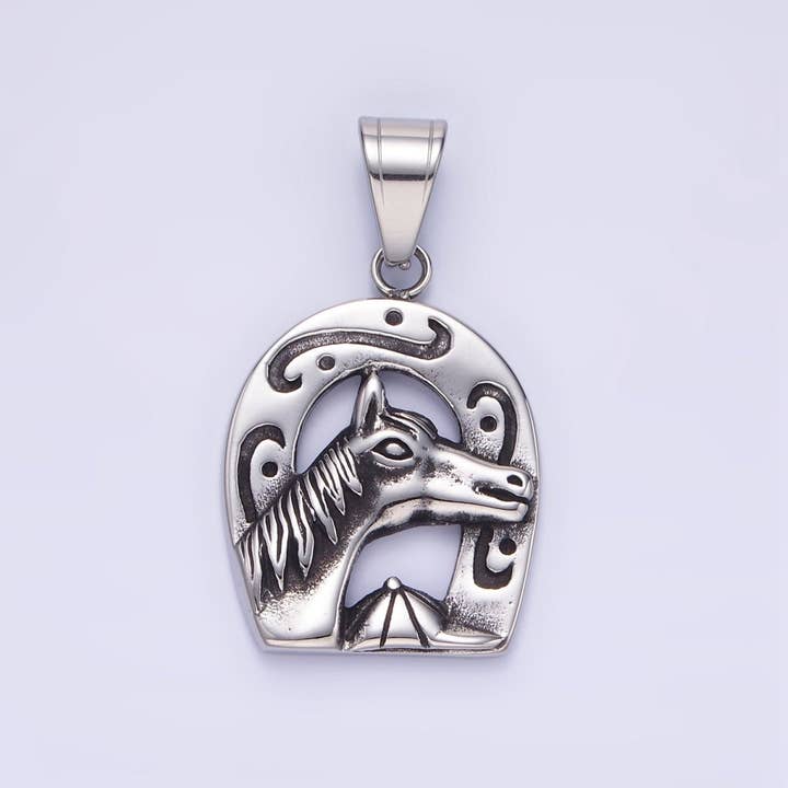 Stainless Steel Engraved Horse Shoe Oxidized Silver Pendant | P1454 for wholesale by Aim Eternal