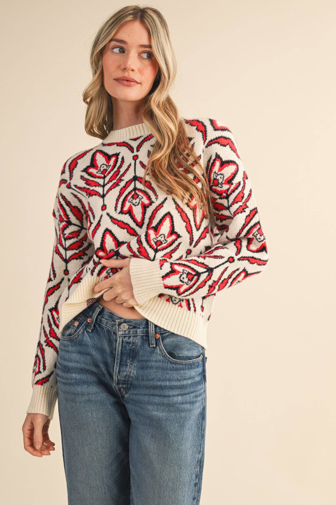 &MERCI - Wholesale Knit Sweater - Women's - FLORAL PATTERN KNIT SWEATER MSW110957