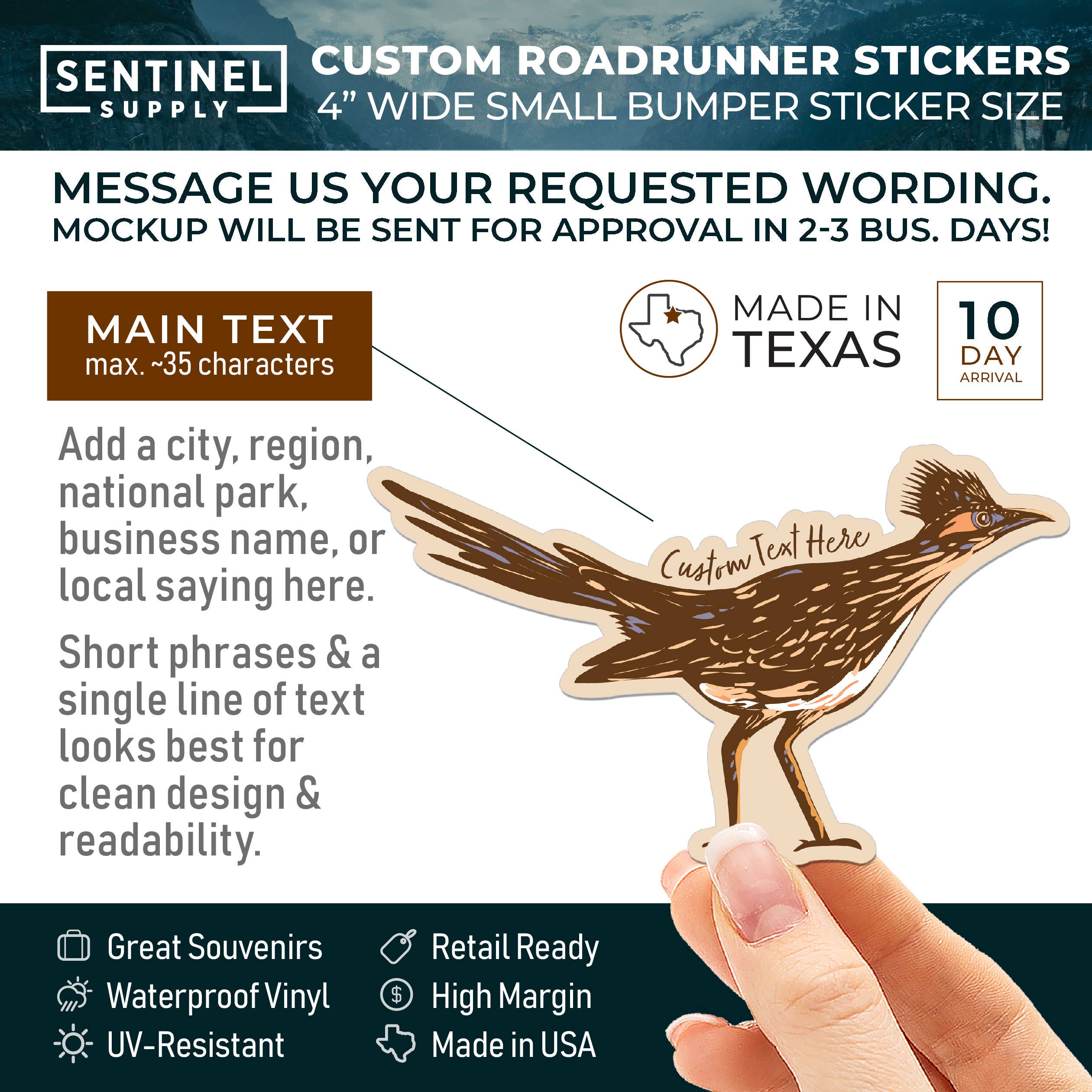 Sentinel Supply - Wholesale Sticker - Custom Roadrunner Sticker - Name Drop Nature Decals1
