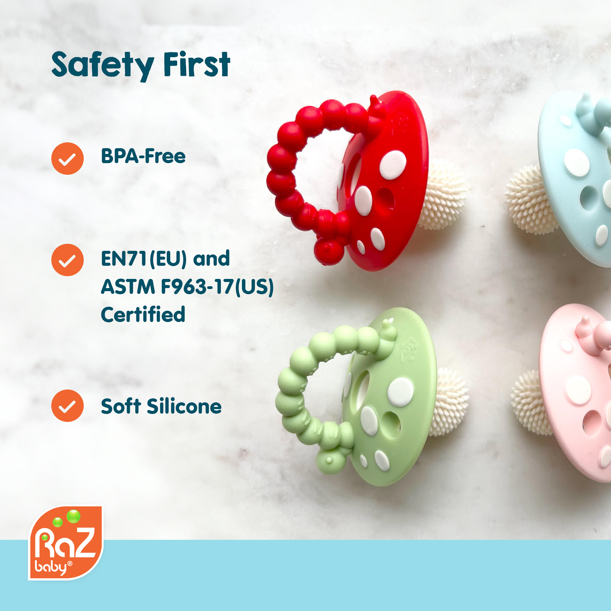 RaZbaby - Wholesale Teether (Not Clip-On) - Baby - Chompy Mushroom Silicone Teether - 2PK5