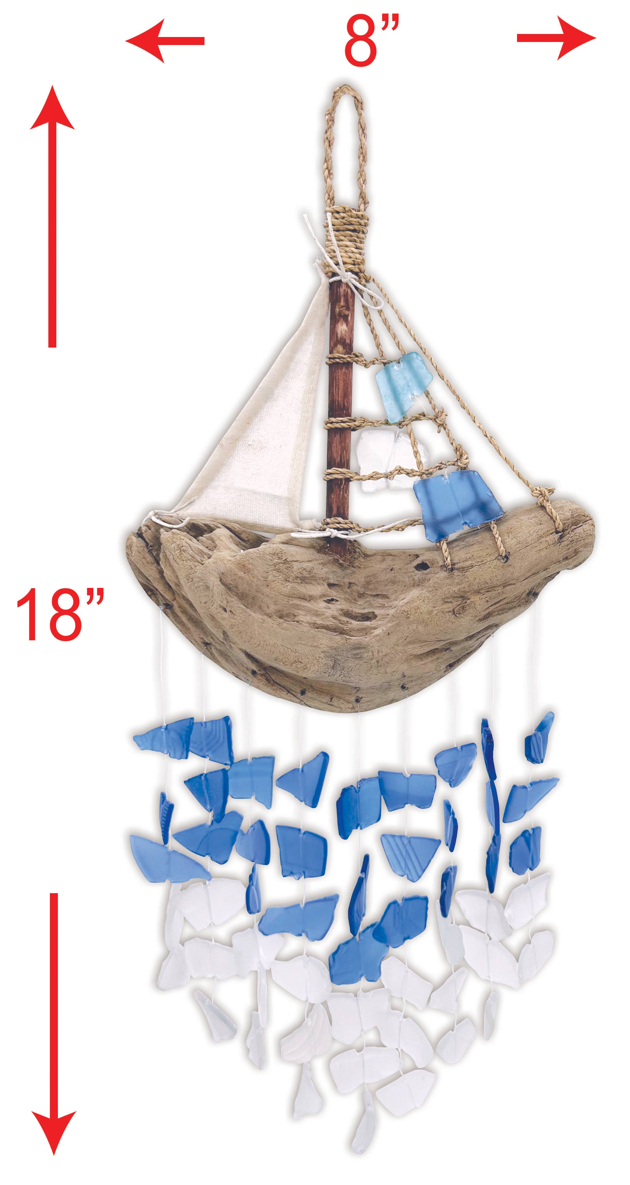 Sunset Vista Designs - Wholesale Wind Chime - 18" Bali Driftwood Boat Glass Wind Chime Decor - 713293