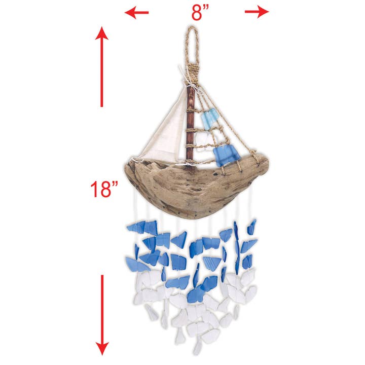 Sunset Vista Designs - Wholesale Wind Chime - 18" Bali Driftwood Boat Glass Wind Chime Decor - 713293