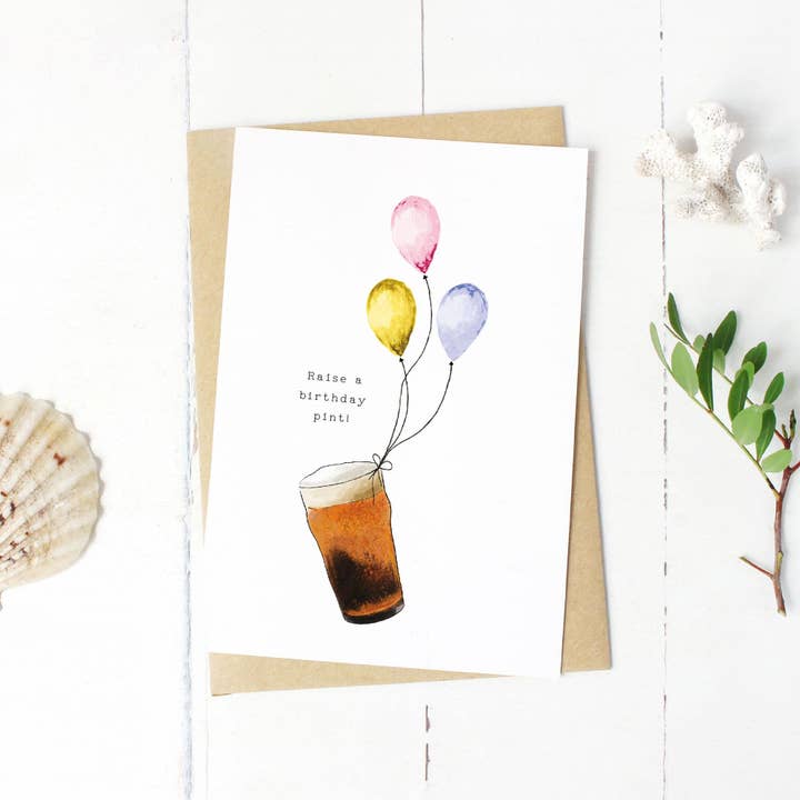 Happy Birthday Raise a Pint of Beer Card (A6) for wholesale by feather.ink