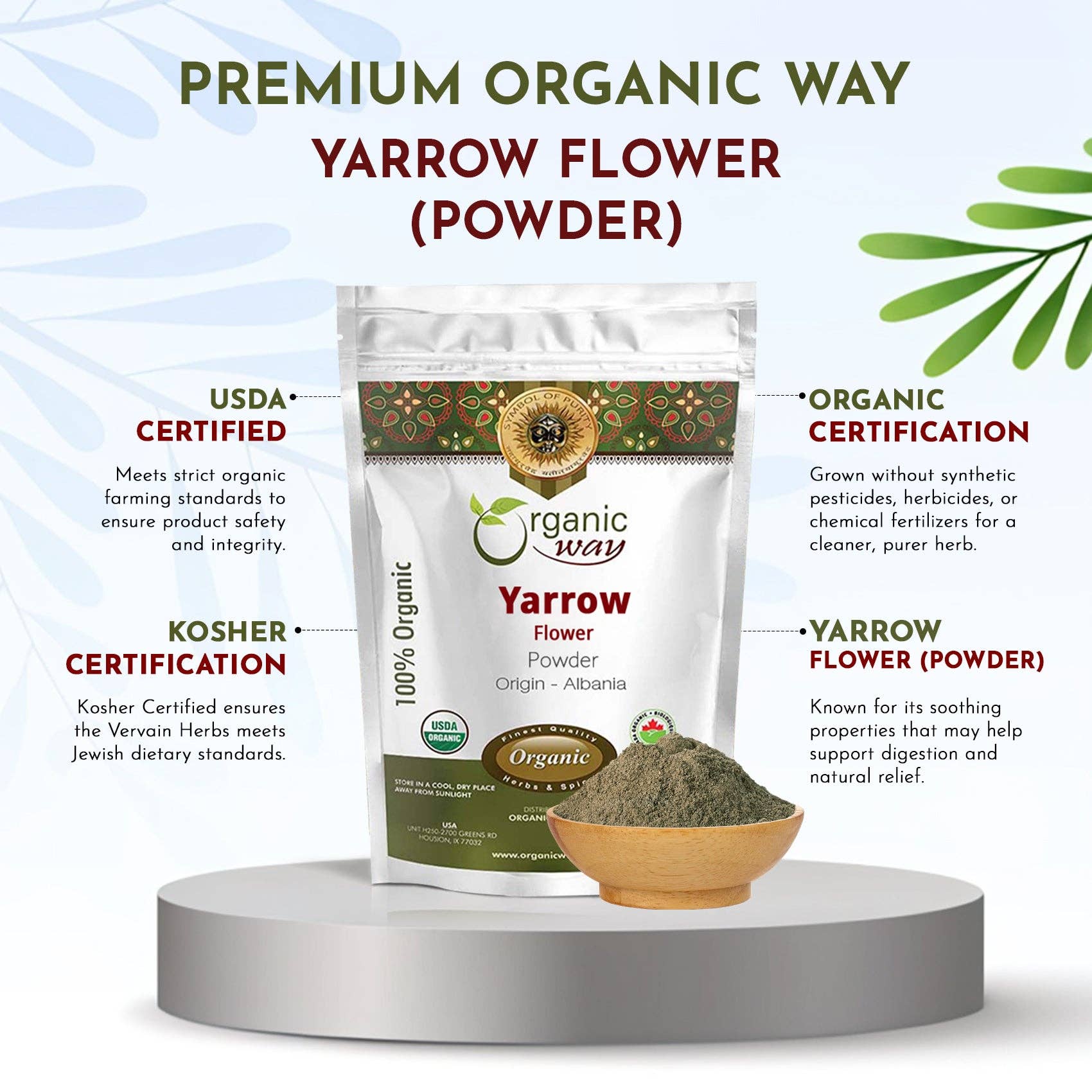 Organic Way LLC – wholesale Loose tea – Yarrow Flower Powder (Achillea millefolium) - Herbal Tea | European Wild-Harvest | Kosher & USDA Certified | Vegan, Non-GMO & Gluten Free | 100% Raw from Albania5