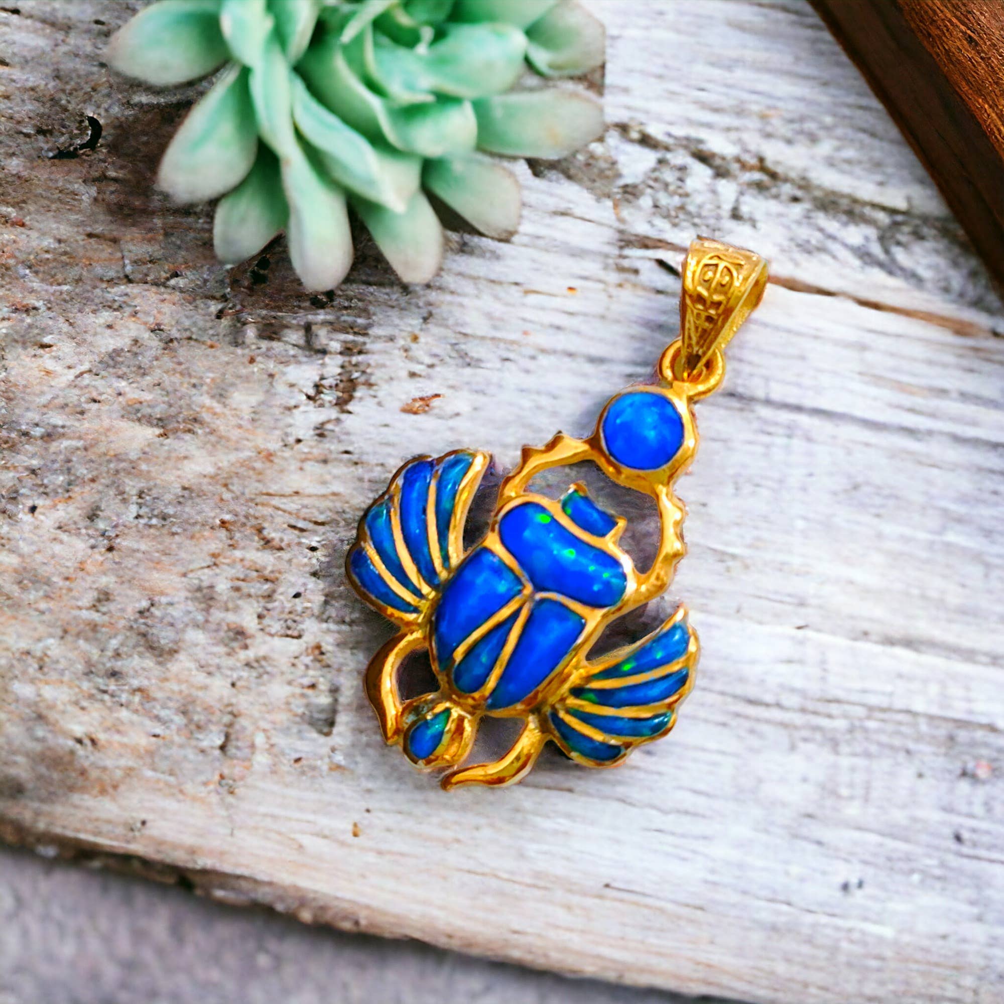 ALADDIN'S LAMP JEWELRY - Wholesale Individual Charm/Pendant - Gold Winged Royal Scarab Of Regeneration Blue Opal Pendant6