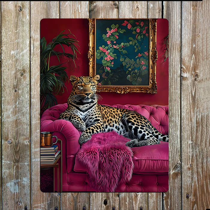 Leopard on Pink Sofa Metal Sign – Luxe Jungle Glam Decor for wholesale by The British Metal Signs Company