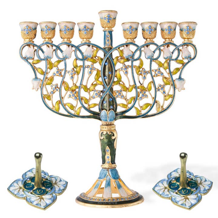 Holiday Set – Flower Menorah & 2 Dreidels, Hanukkah Gift for wholesale by Matashi