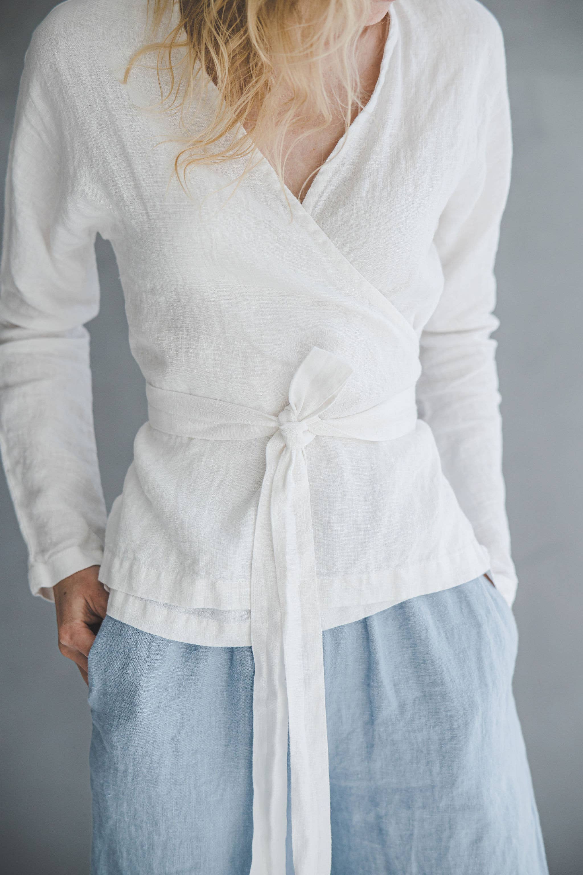 Epic Linen - Wholesale Blouse - Women's - Linen Wrap Blouse, Long Sleeve Top2