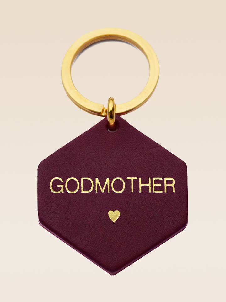 Porte-clés personnalisé en cuir prune GODMOTHER pour la vente par FAUVETTE PARIS