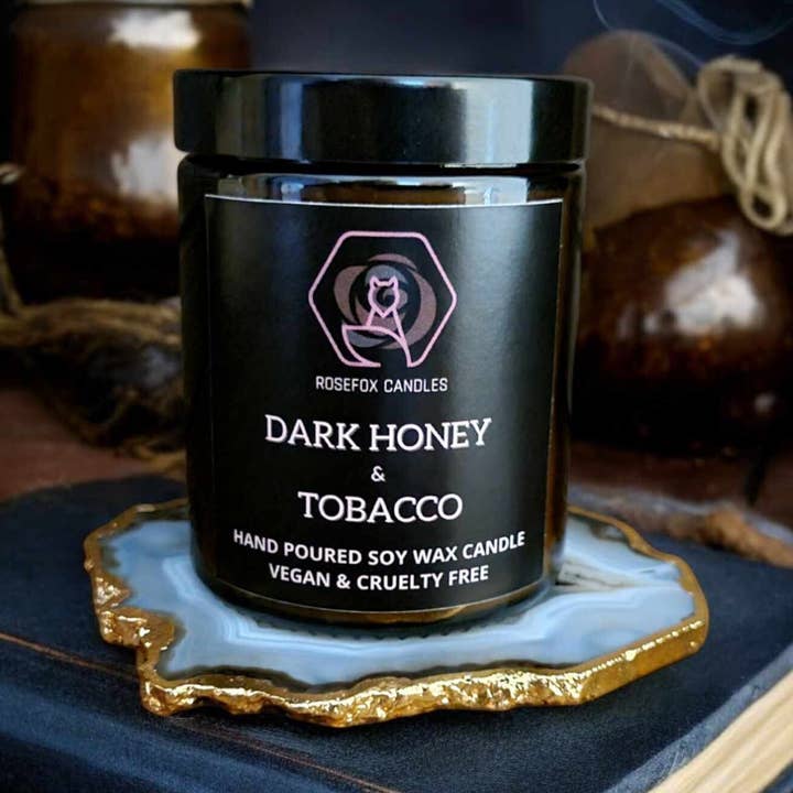 Bougie en pot de soja parfumée au miel noir et au tabac pour la vente par Rosefox Candles