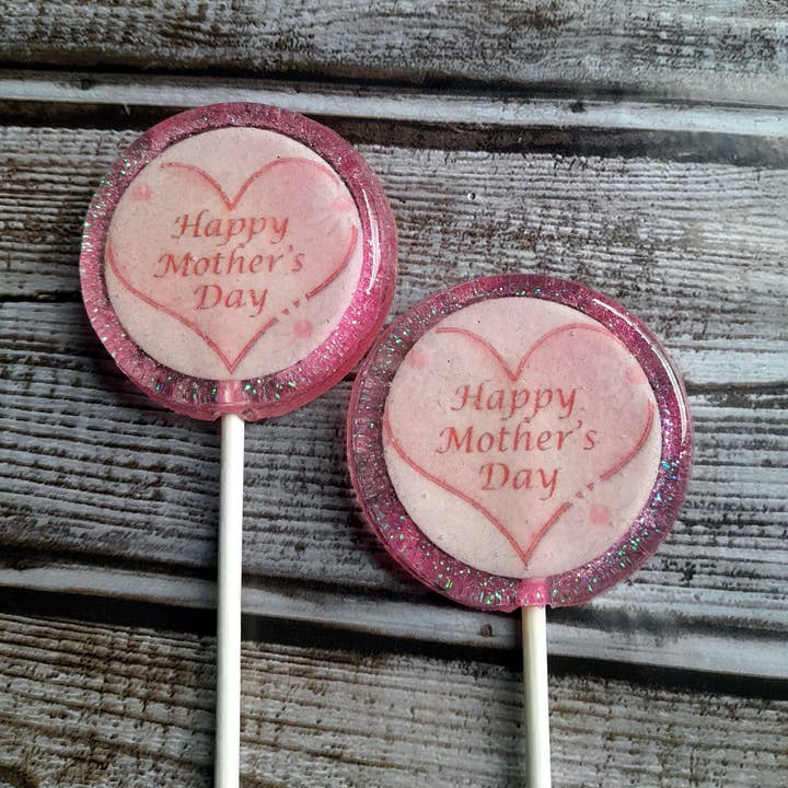 Happy Mother's Day Lollipops with Pink Edible Glitter for wholesale by Homespun Parties