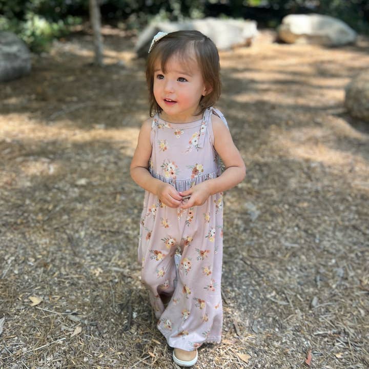 Bamboo Tie Shoulder Flare Jumpsuit - Mauve Floral for wholesale by Emi Lei