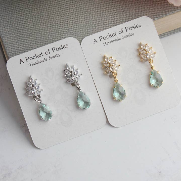 A Pocket of Posies - Wholesale Dangle Earrings - Glass Leaf Earrings | Rhinestone Studs | Gold or Silver5