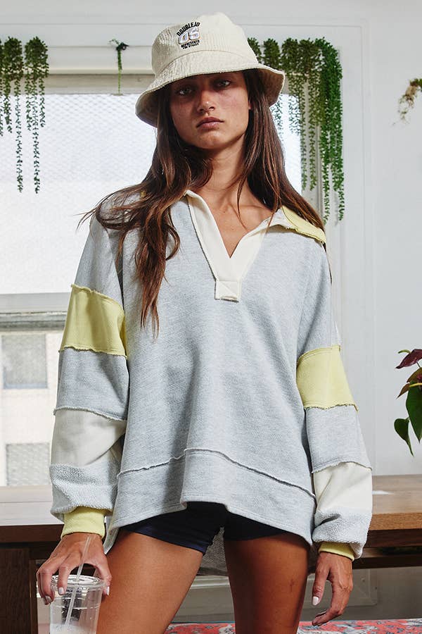 BUCKETLIST INC - Wholesale Tunic - Women's - T2004E French Terry Color-block Collared Loose Fit Top18