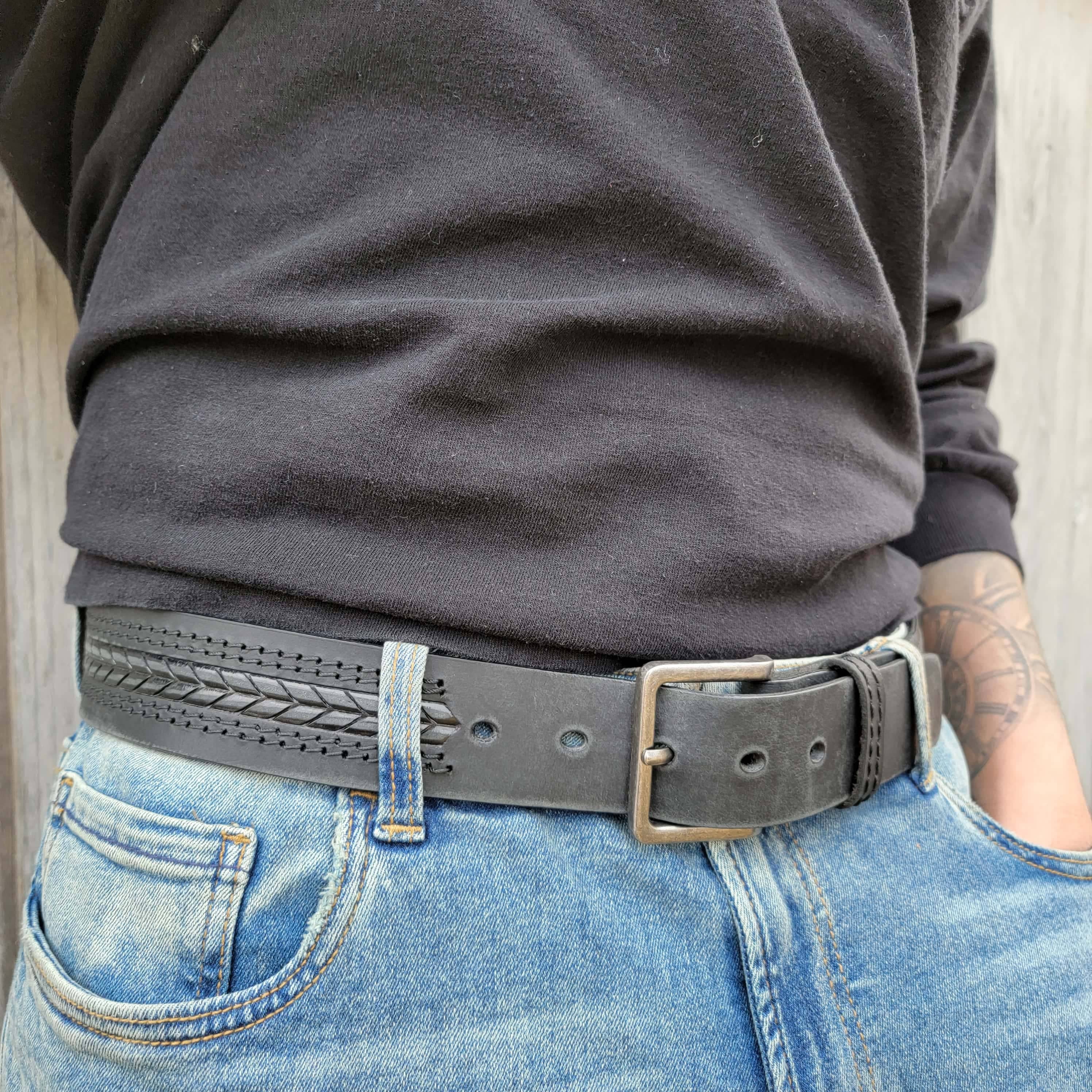 NAB LEATHER - Wholesale Belt - Men's - The Purpose Belt - Black Custom Engraved Arrow Patterned 100% Real Leather Belt7