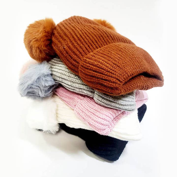 Assorted Color Kids Double Layer Pom Pom Beanie for wholesale on Faire