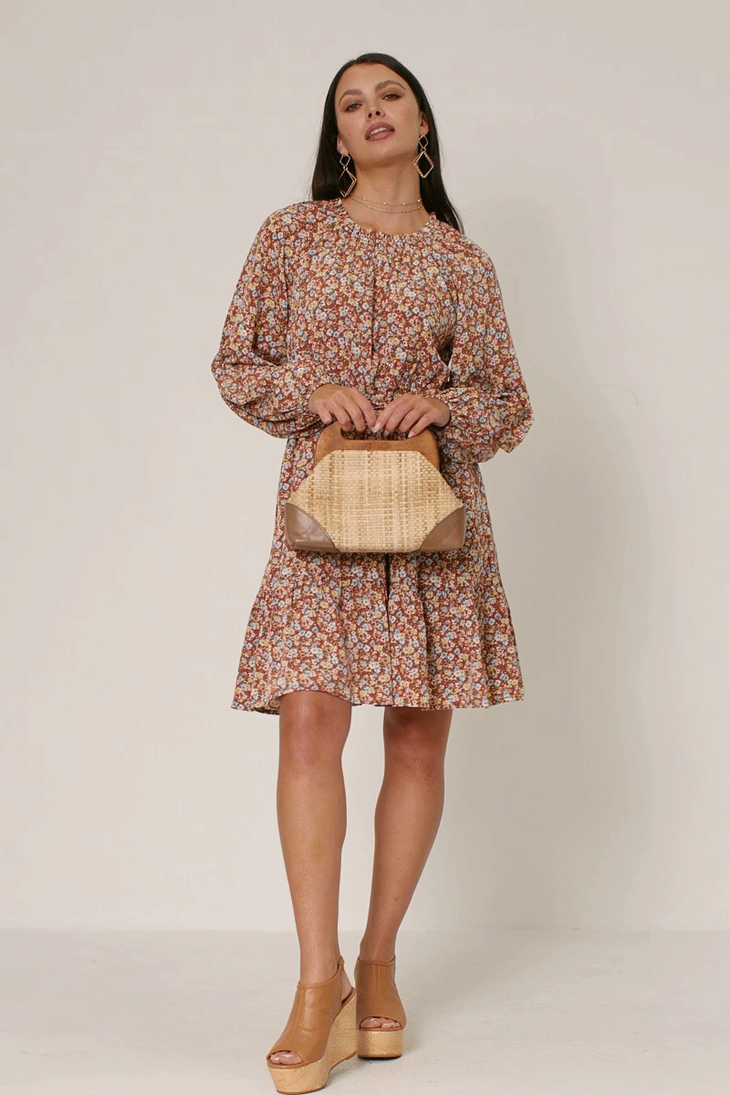Brown Womens Floral Print Ruffle Neck Puff Sleeve Dress for wholesale on Faire1