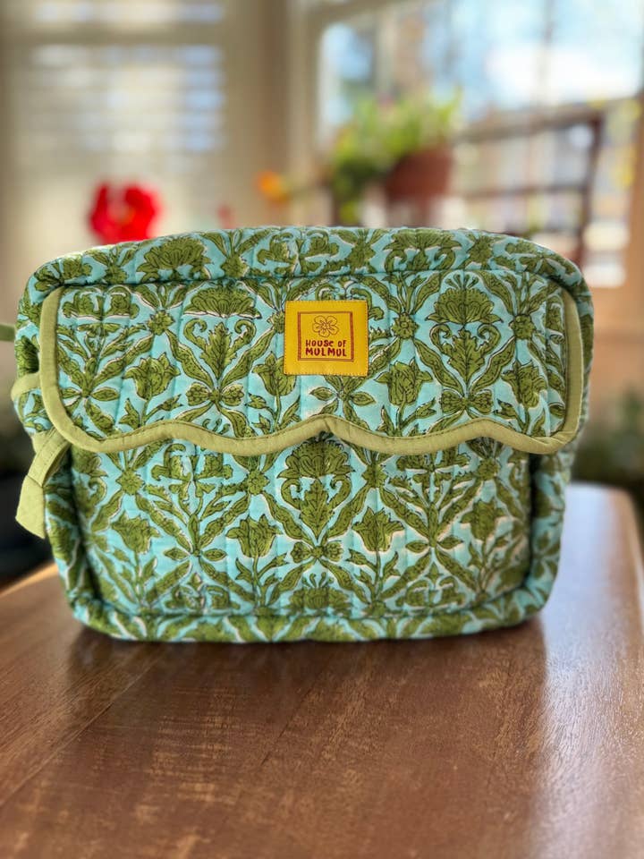 Block print Travel Makeup Bag (Single - C25B) - Green for wholesale by House of Mulmul LLC