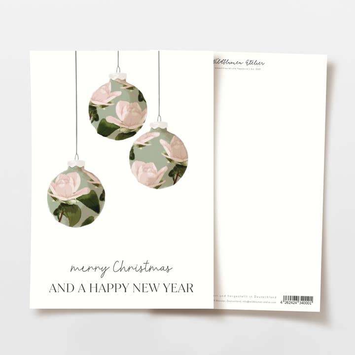 Weihnachtskarte Baumkugeln merry Christmas, FSC Papier für den Großhandel von Wildblumen Atelier