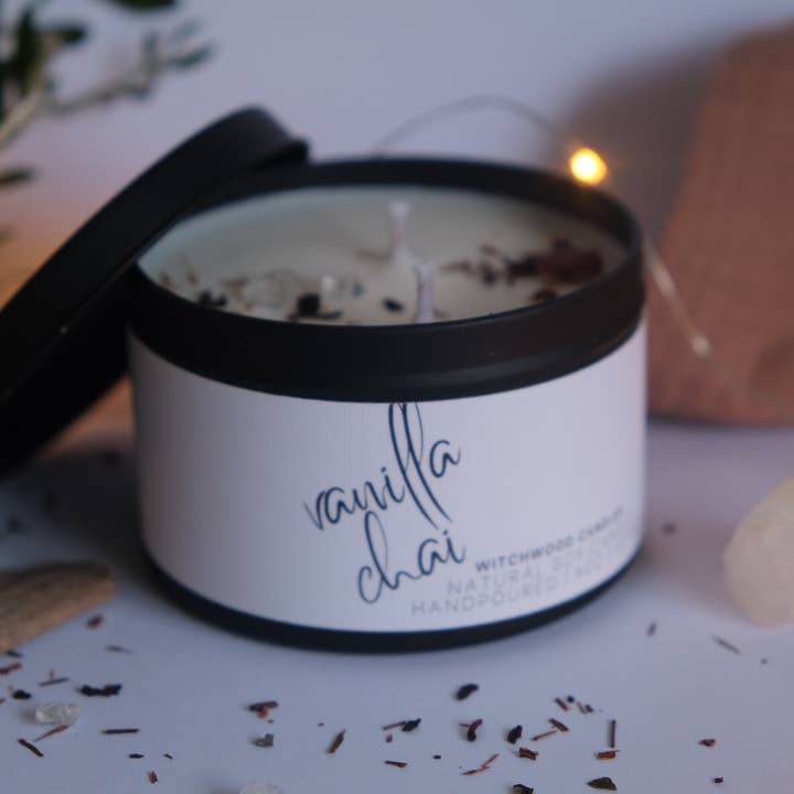 Vanilla Chai scented soy candle in matte black tin for wholesale by Witchwood Candles