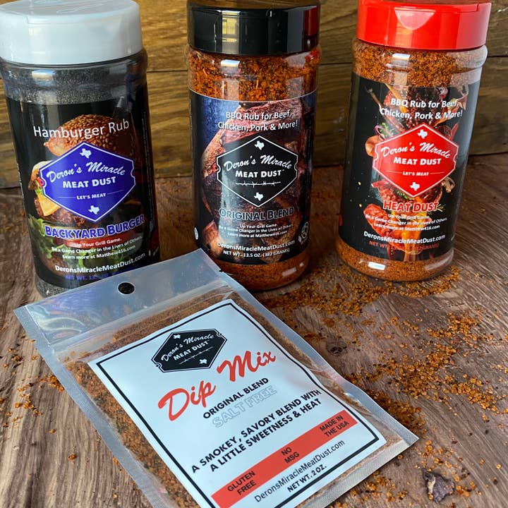 Split Case of 3 Different BBQ Seasonings WITH Free Salt-Free for wholesale by Deron's Miracle Meat Dust™