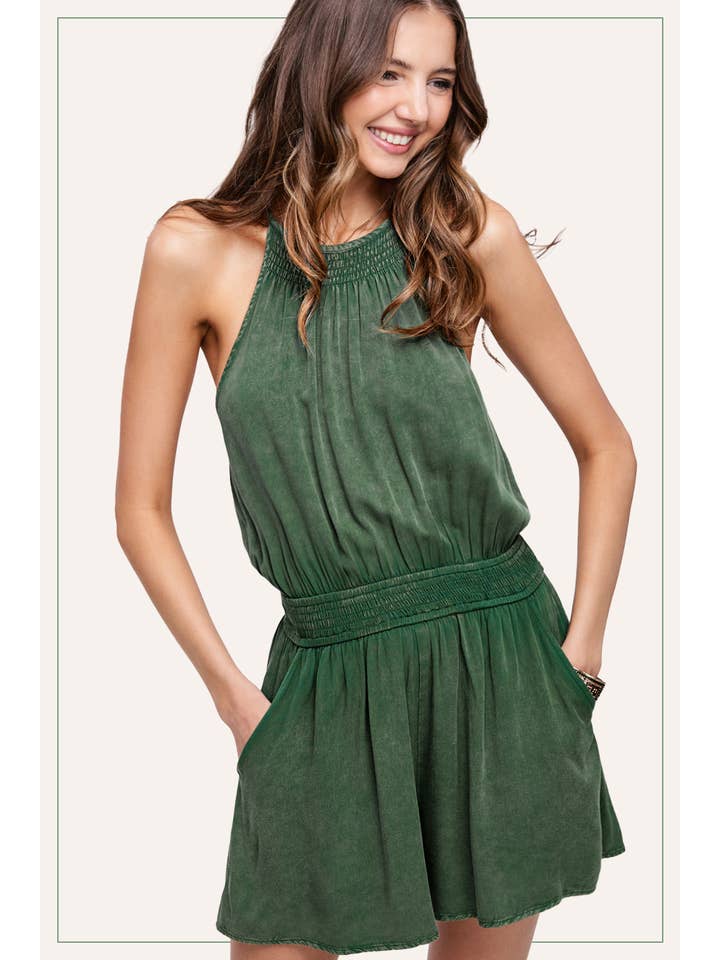 La Miel - Wholesale Romper - Women's - HCD9313-Mineral Washed Sleeveless Mini Romper with Pocket1