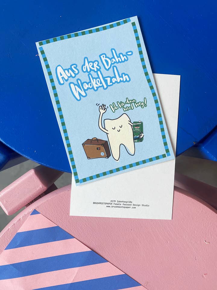 "Ud af banen – rokketand" - Håndskrevet bogstavkort til den første rokketand eller tandfeen for engroshandel hos brushmeetspaper