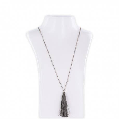COLLANA LUNGA DONNA CON POMPON IN SETA GRIGIA per la vendita all'ingrosso da parte di Philae Paris