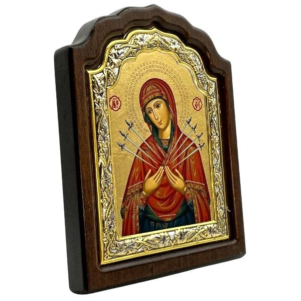 The Art of the Icon - Wholesale Religious Card - Virgin Mary with Seven Swords - Arched and Engraved Icon