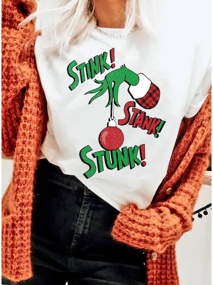 Rustee Clothing - Wholesale Screen Printed T-Shirt - Women's - STINK STANK STUNK GRINCH CHRISTMAS GRAPHIC TSHIRTS