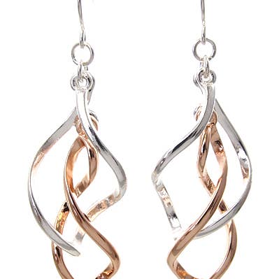 0011 PREMIERE - Wholesale Dangle Earrings - FR5077 Silver & Rose gold Two Layered Twisted Wave Earrings