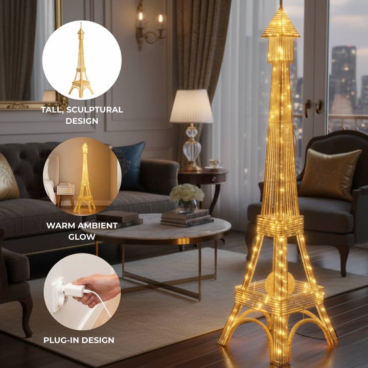 Sona Casa - Wholesale Floor Lamp - Tall Eiffel Tower LED Floor Lamp 63 inch Modern Decorative Paris France Model with Gold Frame & White LED Ambient, Home Decor Lighting3