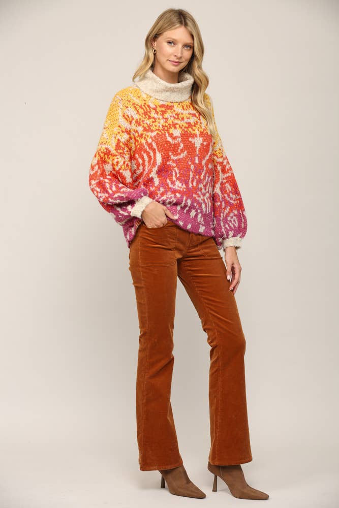 CREAM YELLOW ORANGE ABSTRACT PATTERN JACQUARD KNIT TURTLE NECK SWEATER FW9944 for wholesale on Faire7