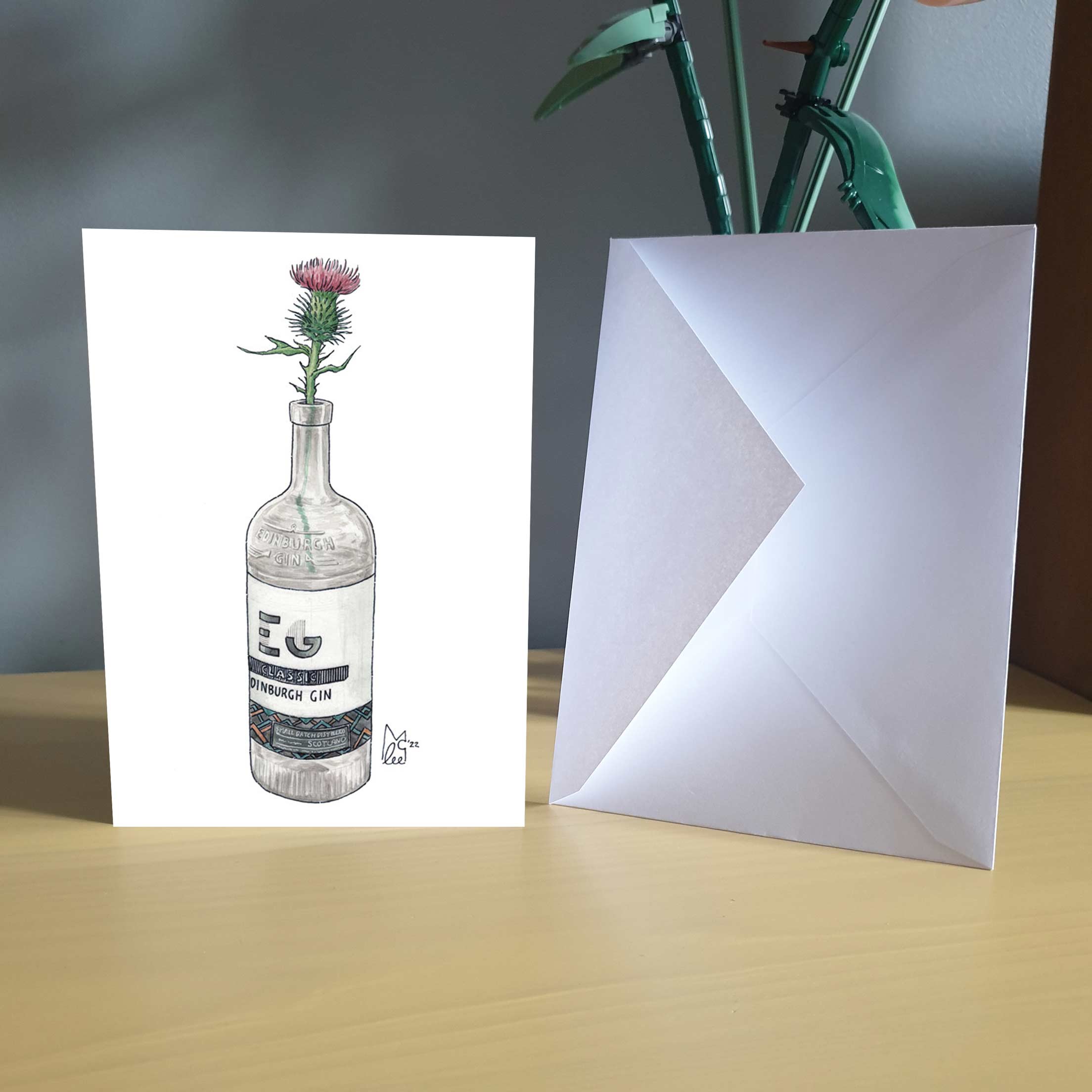 Lee McGuire Art – wholesale Everyday greeting card – Thistle in Edinburgh Gin Greeting card2