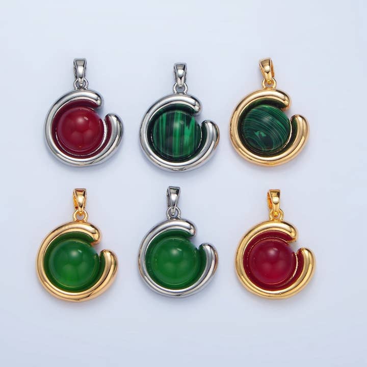 24K Gold Filled Malachite, Carnelian, Aventurine Gemstone Curved Molten Pendant in Gold & Silver | AA976 - AA978 for wholesale by Aim Eternal
