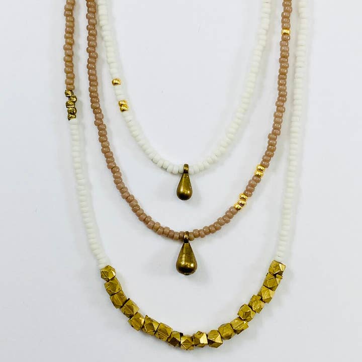 Browns Triple Beaded Necklace Set - Tiny Brass & Small Brass for wholesale by Sarah Crawford Handcrafted