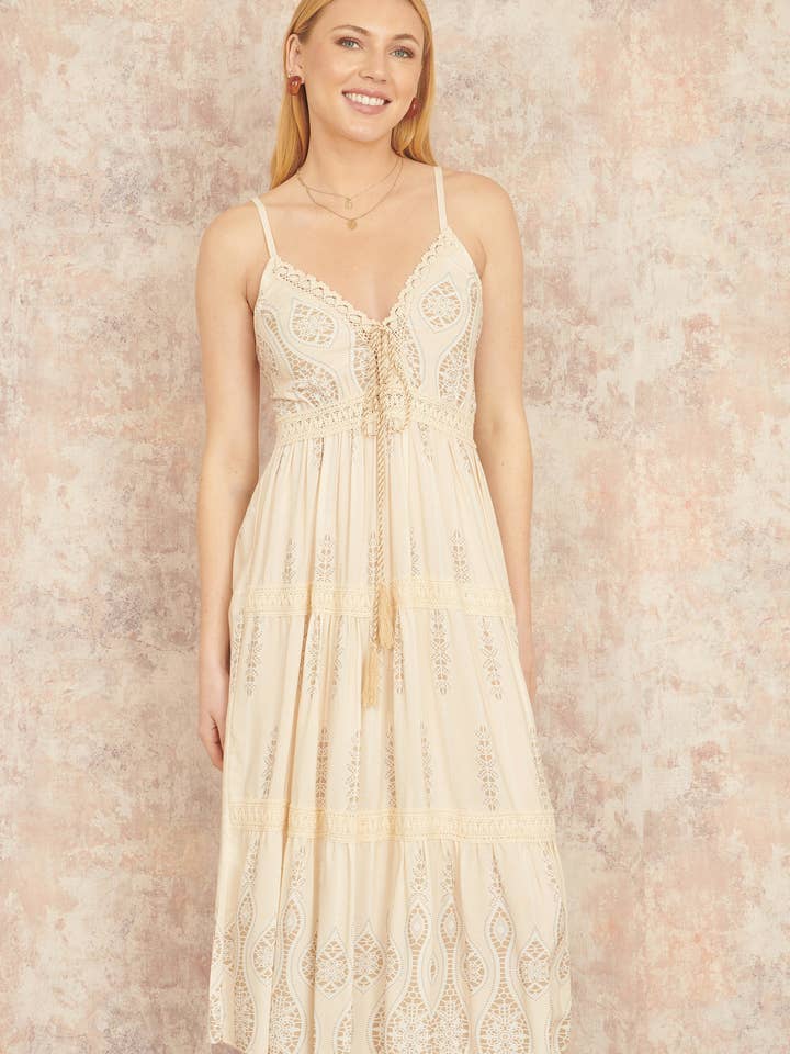 Yumi Beige Viscose Paisley Print Lace Trim Midi Sun Dress for wholesale by Yumi