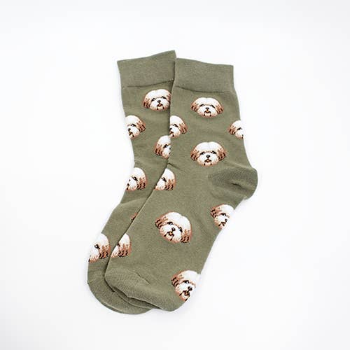 Million Dogs - Wholesale Socks - Women's - Olive Shih Tzu Pattern Socks