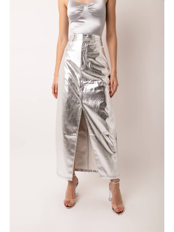 Silber Lupe maxirock aus silbernem Metallic-Kunstleder mit hohem Bund für den Großhandel auf Faire3