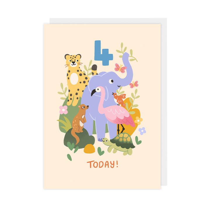 Children’s 4th Birthday Card – Safari Animal Design for wholesale by Hopscotch Paper Co.