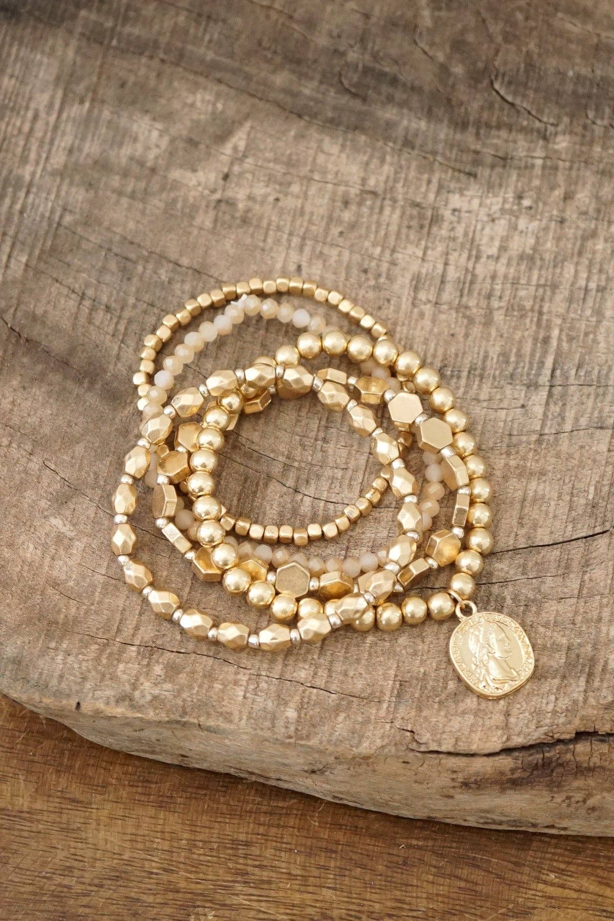 PennyLine inc - Wholesale Beaded Bracelet - Bohemian Coin Bracelet Set in worn gold2